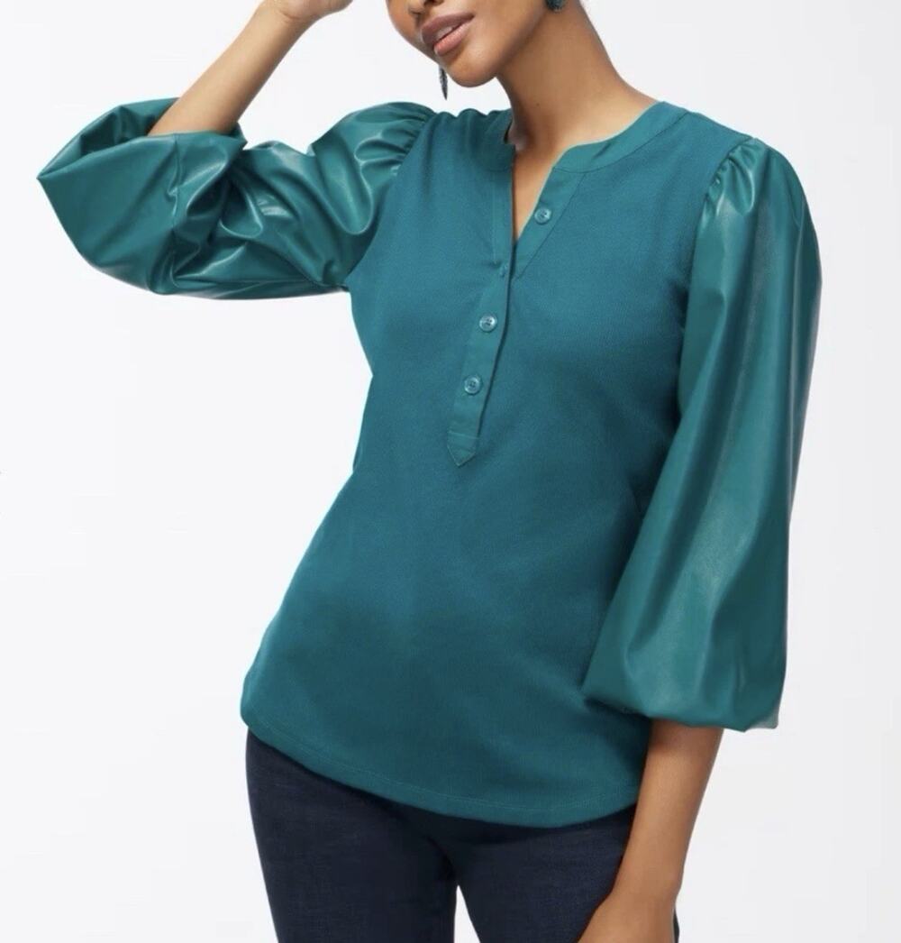Chico’s Women’s Faux Leather Puff Sleeve Henley Top Teal Green Size 3, XL